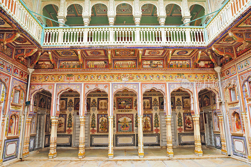 Podar Haveli庭院壁画，纳瓦尔加尔，Shekhawati，拉贾斯坦邦，印度